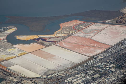 aerial of bay of San Francisco with irrigation and agricultural land with saline, USA
