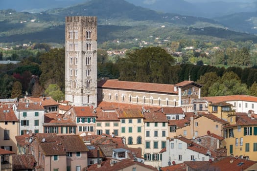 scenic skyline of Lucca with view to cathedral and the market square, Italy