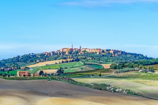 scenic view to tuscan village on Pienza, Italy