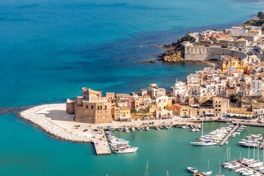 scenic view to skyline and old harbor of Castellamare, Sicily, Italy
