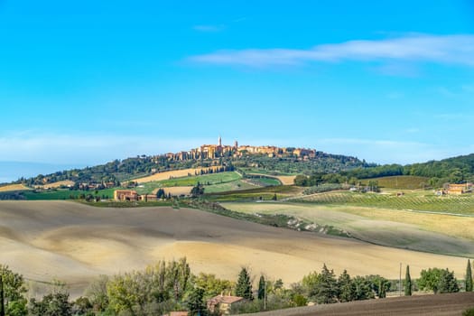 scenic view to tuscan village on Pienza, Italy