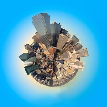 scenic skyline in late afternoon in Dallas, Texas, USA in tiny planet format