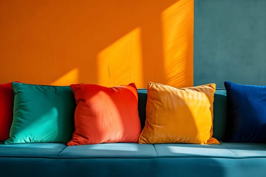 Colorful interior decorated with sofa and pillows. Neural network generated in January 2024. Not based on any actual scene or pattern.