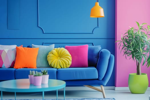 Colorful interior decorated with sofa and pillows. Neural network generated in January 2024. Not based on any actual scene or pattern.