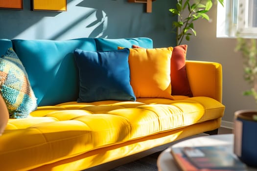 Colorful interior decorated with sofa and pillows. Neural network generated in January 2024. Not based on any actual scene or pattern.