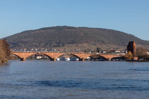 old historic brick bridge spanning river Main in Marktheidenfeld, Bavaria, Germany