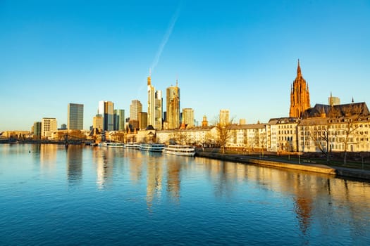 scenic skyline of Frankfurt am Main with reflection in the river, Hesse, Germany