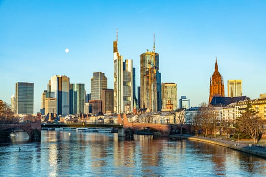 scenic skyline of Frankfurt am Main with reflection in the river, Hesse, Germany