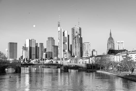 scenic skyline of Frankfurt am Main with reflection in the river, Hesse, Germany