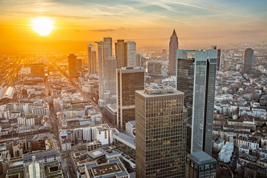 scenic aerial view to skyline of Frankfurt with skyscraper in dawn