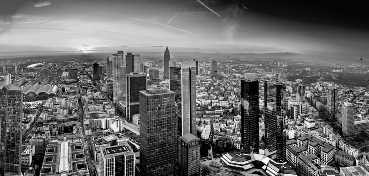 scenic aerial view to panorama of Frankfurt in sunset