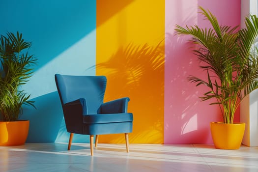 Empty blue chair in colorful interior with plants and sunlight. Neural network generated in January 2024. Not based on any actual scene or pattern.