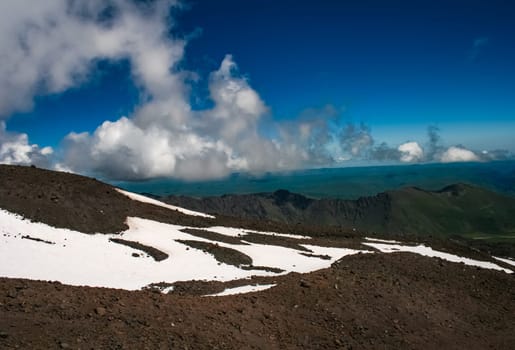 Mountain landscape with snow. Snow in the mountains. Mountain landscape.