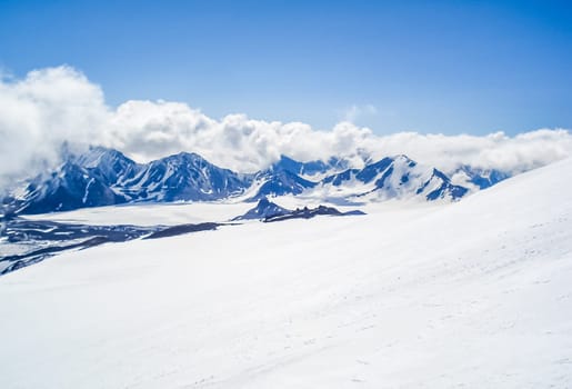 Mountain landscape with snow. Snow in the mountains. Mountain landscape.