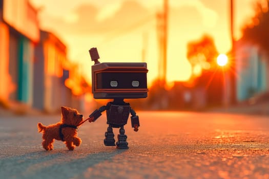 Little robot walks his puppy on empty town street. AI robotic machine working daily routine chores. AI generated