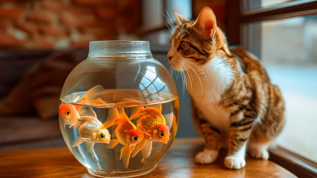 A beautiful fluffy cat is hunting for a goldfish in an aquarium on the table. AI generated