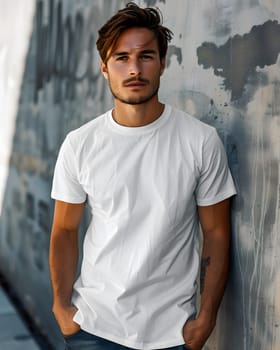 Men's White Short Sleeve Round Neck T-Shirt Mockup It is a useful tool for clothing designers to help visualize T-shirts before actual production Save time and money and makes it easier to decide.