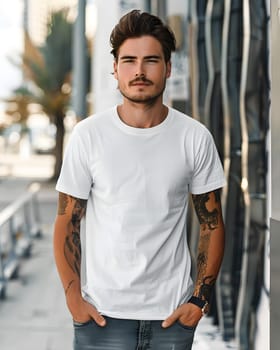 Men's White Short Sleeve Round Neck T-Shirt Mockup It is a useful tool for clothing designers to help visualize T-shirts before actual production Save time and money and makes it easier to decide.