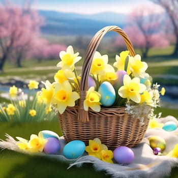 Easter basket with Easter eggs on a green meadow. Daffodils are blooming yellow. Easter generated with AI. Illustration