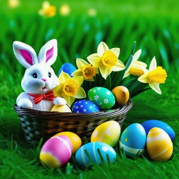 Easter bunny in an Easter basket with Easter eggs on a green meadow. Daffodils are blooming yellow. Easter generated with AI. Illustration