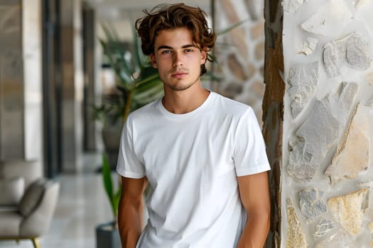 Men's White Short Sleeve Round Neck T-Shirt Mockup It is a useful tool for clothing designers to help visualize T-shirts before actual production Save time and money and makes it easier to decide.
