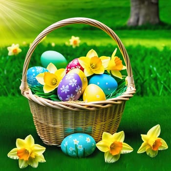 Easter basket with Easter eggs on a green meadow. Daffodils are blooming yellow. Easter generated with AI. Illustration