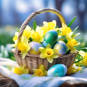 Easter basket with Easter eggs on a green meadow. Daffodils are blooming yellow. Easter generated with AI. Illustration