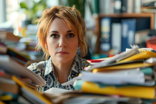 Caucasian woman in an office, overwhelmed by a mountains of paperwork. Neural network generated in January 2024. Not based on any actual scene or pattern.
