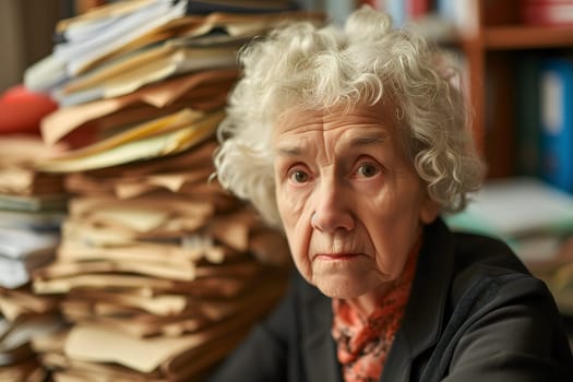 Senior Caucasian woman in an office, overwhelmed by a mountains of paperwork. Neural network generated in January 2024. Not based on any actual scene or pattern.