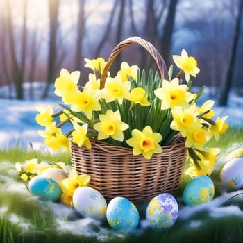 Easter basket with Easter eggs on a green meadow. Daffodils are blooming yellow. Easter generated with AI. Illustration
