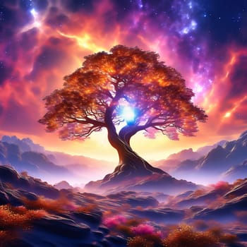 Fantasy tree in front of a starry sky with colorful clouds in the universe. AI generated image. Bright colors with old tree on a hill.