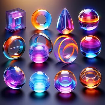 3d render. Neon glowing glass shapes on a virtual dark background. Futuristic graphic rendering. Luminous elements