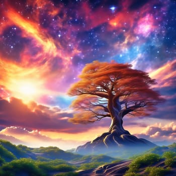 Fantasy tree in front of a starry sky with colorful clouds in the universe. AI generated image. Bright colors with old tree on a hill.