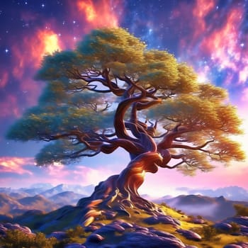 Fantasy tree in front of a starry sky with colorful clouds in the universe. AI generated image. Bright colors with old tree on a hill.
