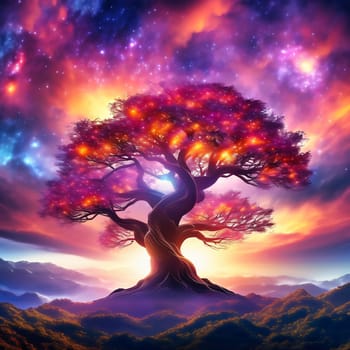 Fantasy tree in front of a starry sky with colorful clouds in the universe. AI generated image. Bright colors with old tree on a hill.