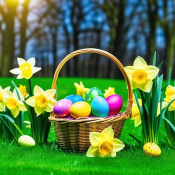 Easter basket with Easter eggs on a green meadow. Daffodils are blooming yellow. Easter generated with AI. Illustration
