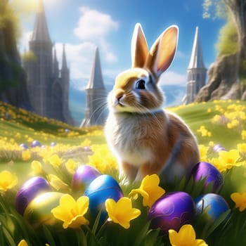 Easter bunny in an Easter basket with Easter eggs on a green meadow. Daffodils are blooming yellow. Easter generated with AI. Illustration