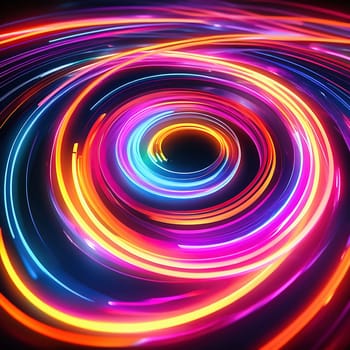 3d render. Abstract panoramic background of twisted dynamic neon lines glowing in the dark room with floor reflection. Virtual fluorescent ribbon loop.