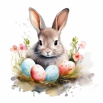 Watercolor easter bunny in grass with eggs, baby rabbit cute animal with spring flowers.