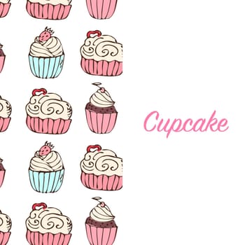 Hand drawn cupcakes banner. Vector illustration isolated. Can used for greeting card, invitation, menu background, poster, textile, wrapping paper, celebration banner