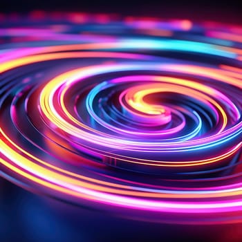 3d render. Abstract panoramic background of twisted dynamic neon lines glowing in the dark room with floor reflection. Virtual fluorescent ribbon loop.