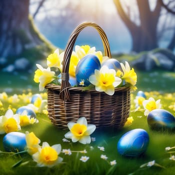Easter basket with Easter eggs on a green meadow. Daffodils are blooming yellow. Easter generated with AI. Illustration