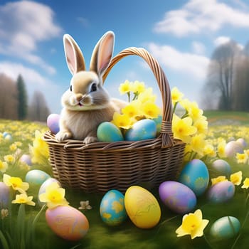 Easter bunny in an Easter basket with Easter eggs on a green meadow. Daffodils are blooming yellow. Easter generated with AI. Illustration