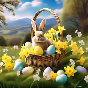 Easter bunny in an Easter basket with Easter eggs on a green meadow. Daffodils are blooming yellow. Easter generated with AI. Illustration