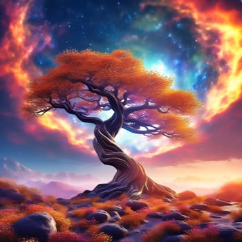 Fantasy tree in front of a starry sky with colorful clouds in the universe. AI generated image. Bright colors with old tree on a hill.