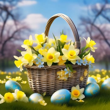Easter basket with Easter eggs on a green meadow. Daffodils are blooming yellow. Easter generated with AI. Illustration