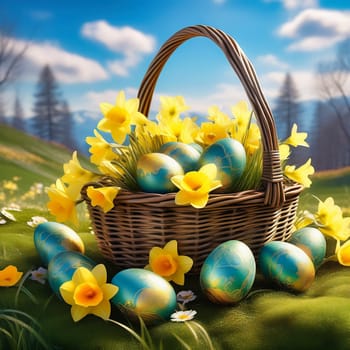 Easter basket with Easter eggs on a green meadow. Daffodils are blooming yellow. Easter generated with AI. Illustration