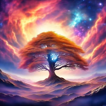 Fantasy tree in front of a starry sky with colorful clouds in the universe. AI generated image. Bright colors with old tree on a hill.