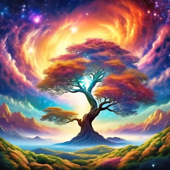 Fantasy tree in front of a starry sky with colorful clouds in the universe. AI generated image. Bright colors with old tree on a hill.