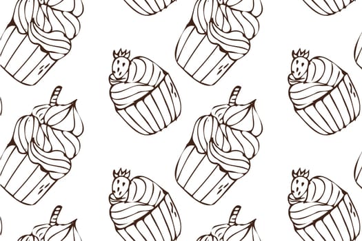 Hand drawn cupcake outline background with strawberry and cookie. Vector illustration isolated. Pattern can used for greeting card, invitation, menu background, poster, textile, wrapping paper, celebration banner
